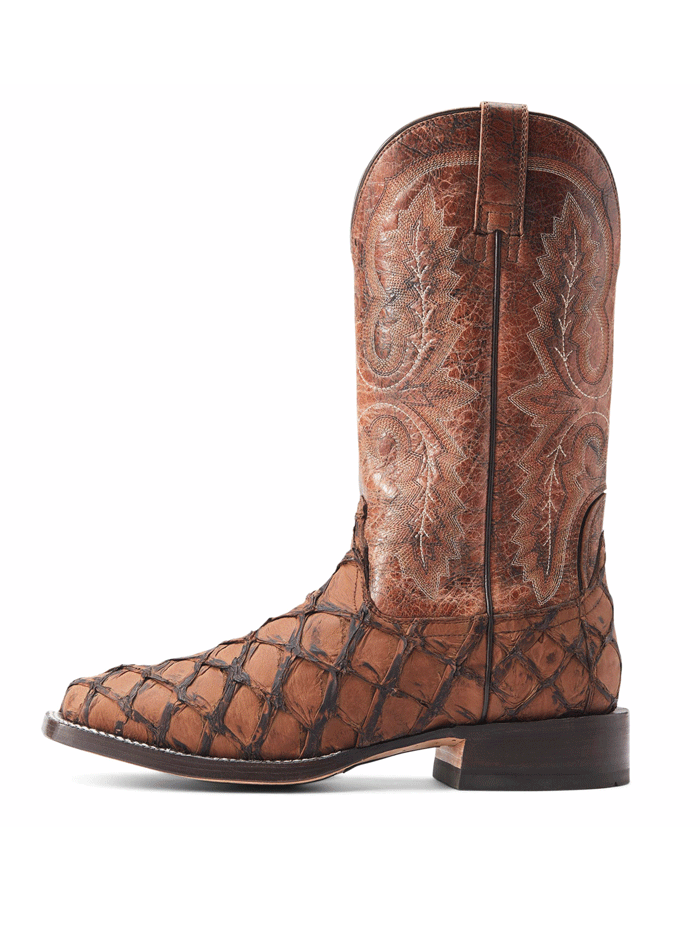 Ariat 10044421 Mens Deep Water Western Boot Aged Tan Piraruci front and side view. If you need any assistance with this item or the purchase of this item please call us at five six one seven four eight eight eight zero one Monday through Saturday 10:00a.m EST to 8:00 p.m EST