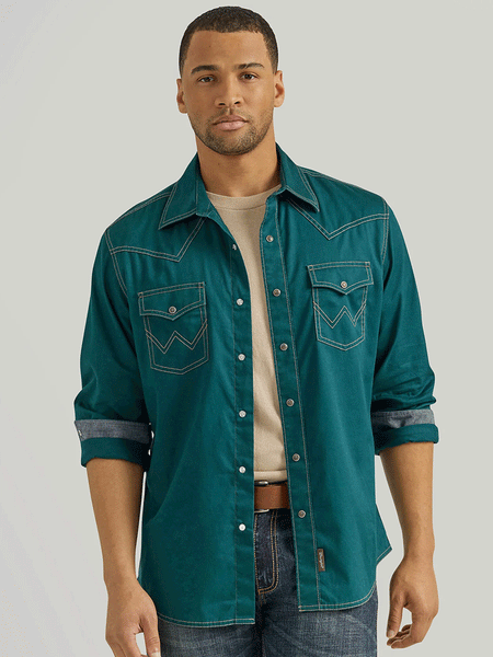 Wrangler 112352851 Mens Retro Premium Long Sleeve Shirt Deep Teal front view. If you need any assistance with this item or the purchase of this item please call us at five six one seven four eight eight eight zero one Monday through Saturday 10:00a.m EST to 8:00 p.m EST