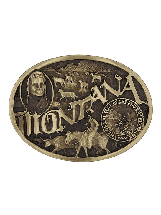 Montana Silversmiths 60811MTC Montana State Heritage Attitude Buckle Brass front. If you need any assistance with this item or the purchase of this item please call us at five six one seven four eight eight eight zero one Monday through Saturday 10:00a.m EST to 8:00 p.m EST