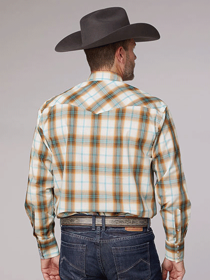 Roper 03-001-0278-4054 Mens Long Sleeve Western Plaid Shirt Orange front view. If you need any assistance with this item or the purchase of this item please call us at five six one seven four eight eight eight zero one Monday through Saturday 10:00a.m EST to 8:00 p.m EST