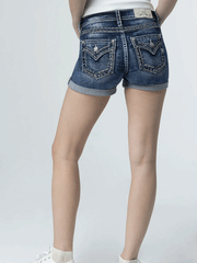 Miss Me M5014H401 Womens Barely Stitched Pink Shorts Denim Blue back view. If you need any assistance with this item or the purchase of this item please call us at five six one seven four eight eight eight zero one Monday through Saturday 10:00a.m EST to 8:00 p.m EST