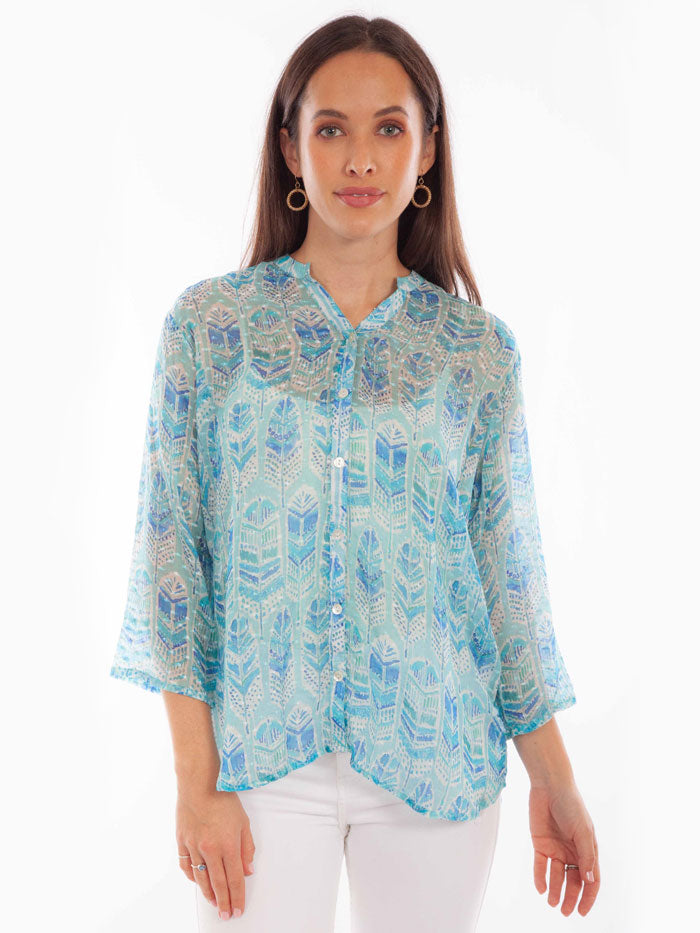 Scully HC890 Womens Feather Print Western Blouse Sky front view. If you need any assistance with this item or the purchase of this item please call us at five six one seven four eight eight eight zero one Monday through Saturday 10:00a.m EST to 8:00 p.m EST