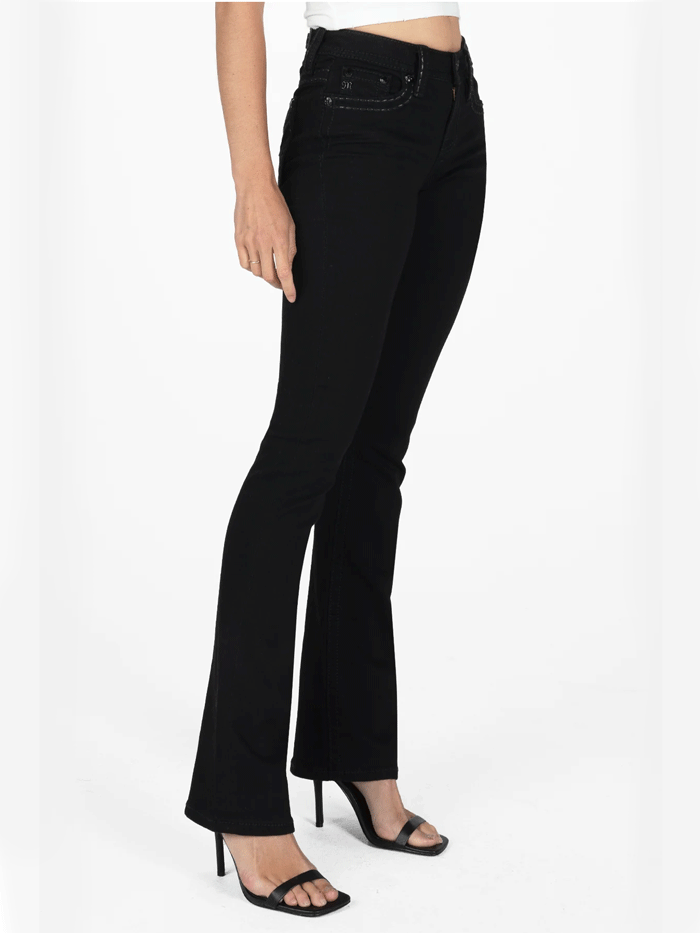 Miss Me M5014B397 Womens Classic Mid Rise Bootcut Jean Black full back view. If you need any assistance with this item or the purchase of this item please call us at five six one seven four eight eight eight zero one Monday through Saturday 10:00a.m EST to 8:00 p.m EST