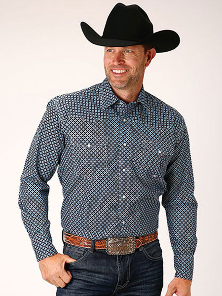 Roper 3-01-225-2014 Mens Amarillo Collection Snap Shirt Blue front view. If you need any assistance with this item or the purchase of this item please call us at five six one seven four eight eight eight zero one Monday through Saturday 10:00a.m EST to 8:00 p.m EST