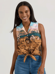 Wrangler 112361188 Womens Bold Printed Sleeveless Tie Front Americana Shirt Multicolor front view. If you need any assistance with this item or the purchase of this item please call us at five six one seven four eight eight eight zero one Monday through Saturday 10:00a.m EST to 8:00 p.m EST