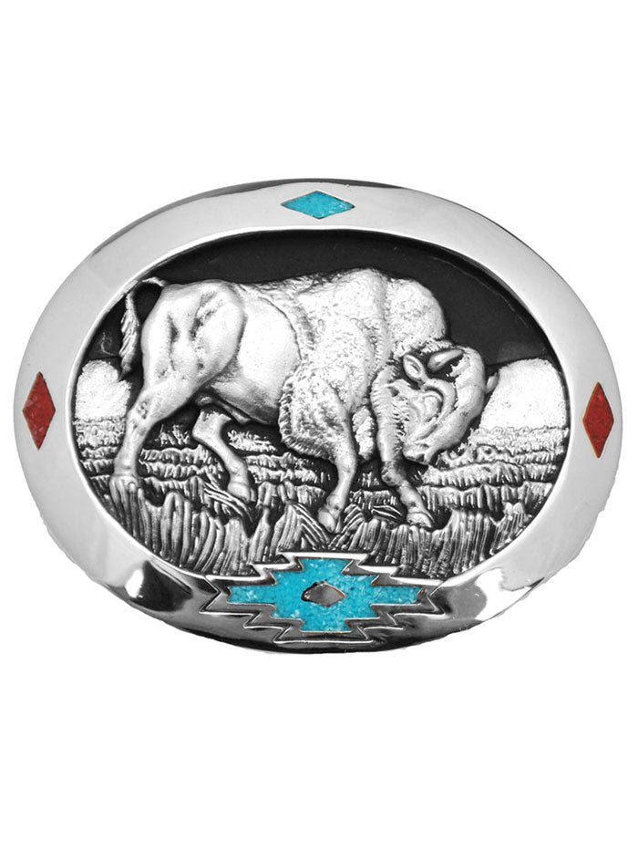 Western Express S-4984 Bison Belt Buckle With Turquoise & Coral Inlay Silver front view. If you need any assistance with this item or the purchase of this item please call us at five six one seven four eight eight eight zero one Monday through Saturday 10:00a.m EST to 8:00 p.m EST