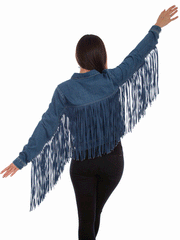 Scully HC711-DEN Womens Fringe Denim Western Jacket Blue back view. If you need any assistance with this item or the purchase of this item please call us at five six one seven four eight eight eight zero one Monday through Saturday 10:00a.m EST to 8:00 p.m EST