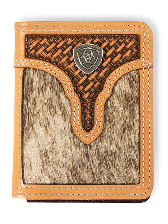 Ariat A3561848 Mens Calf Hair Basket Weave Bifold Wallet Natural front view. If you need any assistance with this item or the purchase of this item please call us at five six one seven four eight eight eight zero one Monday through Saturday 10:00a.m EST to 8:00 p.m EST