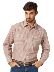 Assorted Wrangler Mens Western Long Sleeve Stripe Shirts 75201AA 75951PP front view on model. If you need any assistance with this item or the purchase of this item please call us at five six one seven four eight eight eight zero one Monday through Saturday 10:00a.m EST to 8:00 p.m EST