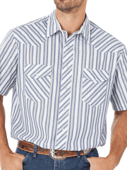 Assorted Wrangler Mens Western Short Sleeve Stripe Shirt 76201AA-76951PP front view on model. If you need any assistance with this item or the purchase of this item please call us at five six one seven four eight eight eight zero one Monday through Saturday 10:00a.m EST to 8:00 p.m EST