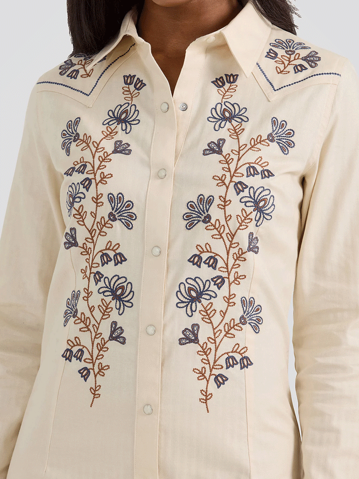 Wrangler 112361198 Womens Embroidered Wildflower Western Snap Shirt Dress Cream front view as dress. If you need any assistance with this item or the purchase of this item please call us at five six one seven four eight eight eight zero one Monday through Saturday 10:00a.m EST to 8:00 p.m EST