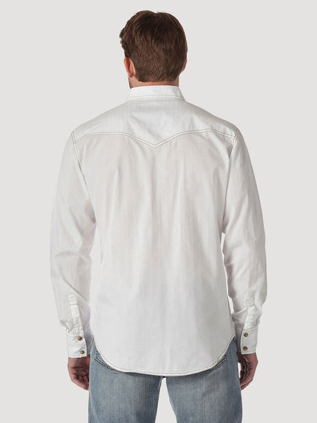 Wrangler MVR531W Mens Long Sleeve Western Snap Solid Dobby Shirt White back view. If you need any assistance with this item or the purchase of this item please call us at five six one seven four eight eight eight zero one Monday through Saturday 10:00a.m EST to 8:00 p.m EST