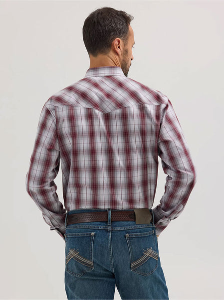 Wrangler 112356576 Mens 20X Competition Western Plaid Shirt Variegated Gray Wine back view. If you need any assistance with this item or the purchase of this item please call us at five six one seven four eight eight eight zero one Monday through Saturday 10:00a.m EST to 8:00 p.m EST