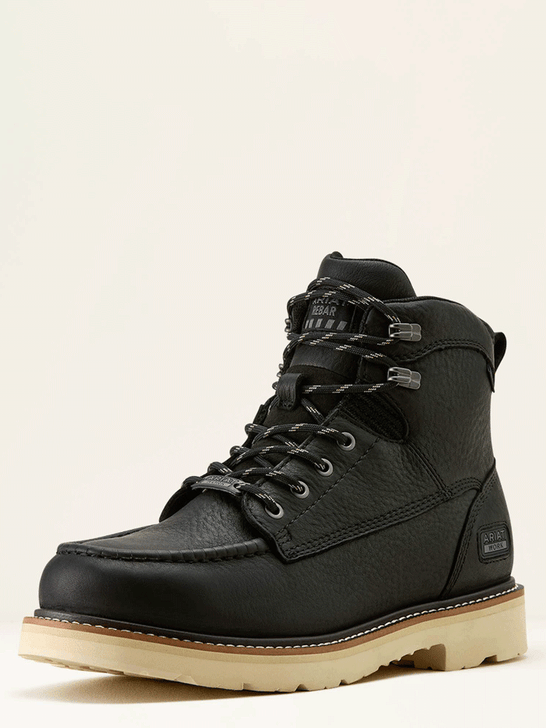 Ariat 10063919 Mens Rebar Waterproof Lace Up Work Boot Black front and side view. If you need any assistance with this item or the purchase of this item please call us at five six one seven four eight eight eight zero one Monday through Saturday 10:00a.m EST to 8:00 p.m EST


