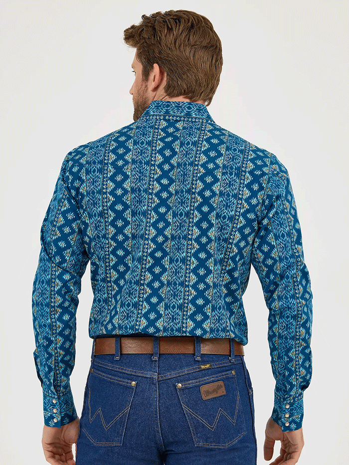 Wrangler 112359440 Mens Checotah Long Sleeve Western Shirt Deep Lake Blue front view. If you need any assistance with this item or the purchase of this item please call us at five six one seven four eight eight eight zero one Monday through Saturday 10:00a.m EST to 8:00 p.m EST

