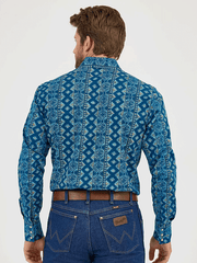 Wrangler 112359440 Mens Checotah Long Sleeve Western Shirt Deep Lake Blue back view. If you need any assistance with this item or the purchase of this item please call us at five six one seven four eight eight eight zero one Monday through Saturday 10:00a.m EST to 8:00 p.m EST

