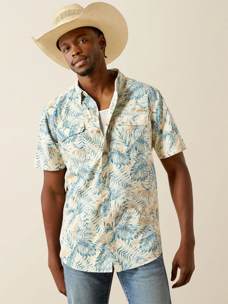 Ariat 10058855 Mens VentTEK Outbound Fitted Shirt Khaki Palm Print front view. If you need any assistance with this item or the purchase of this item please call us at five six one seven four eight eight eight zero one Monday through Saturday 10:00a.m EST to 8:00 p.m EST