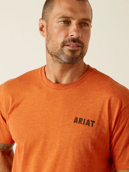 Ariat 10051754 Mens Ratller Skull T-Shirt Coral Adobe Heather front close up. If you need any assistance with this item or the purchase of this item please call us at five six one seven four eight eight eight zero one Monday through Saturday 10:00a.m EST to 8:00 p.m EST