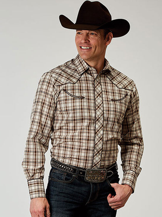 Roper 01-001-0016-3001 Mens Long Sleeve Western Plaid Shirt Bark front view. If you need any assistance with this item or the purchase of this item please call us at five six one seven four eight eight eight zero one Monday through Saturday 10:00a.m EST to 8:00 p.m EST