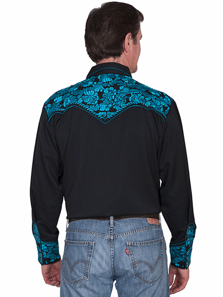 Scully P-634-TUR Mens Floral Tooled Embroidery Western Shirt Turquoise back view. If you need any assistance with this item or the purchase of this item please call us at five six one seven four eight eight eight zero one Monday through Saturday 10:00a.m EST to 8:00 p.m EST