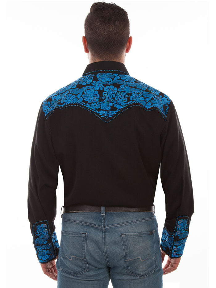 Scully P-634-ROY Mens Floral Tooled Embroidery Western Shirt Royal front view. If you need any assistance with this item or the purchase of this item please call us at five six one seven four eight eight eight zero one Monday through Saturday 10:00a.m EST to 8:00 p.m EST