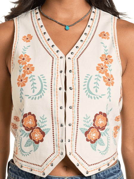 Rock & Roll Denim BW98T06318 Womens Floral Studded Vest Ivory front close up view. If you need any assistance with this item or the purchase of this item please call us at five six one seven four eight eight eight zero one Monday through Saturday 10:00a.m EST to 8:00 p.m EST