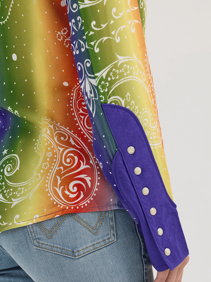 Wrangler 112360593 Womens X Lainey Wilson Rainbow Bandana Western Snap Shirt Multicolor front view. If you need any assistance with this item or the purchase of this item please call us at five six one seven four eight eight eight zero one Monday through Saturday 10:00a.m EST to 8:00 p.m EST