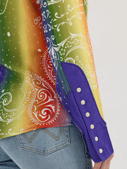 Wrangler 112360593 Womens X Lainey Wilson Rainbow Bandana Western Snap Shirt Multicolor back of cuff. If you need any assistance with this item or the purchase of this item please call us at five six one seven four eight eight eight zero one Monday through Saturday 10:00a.m EST to 8:00 p.m EST