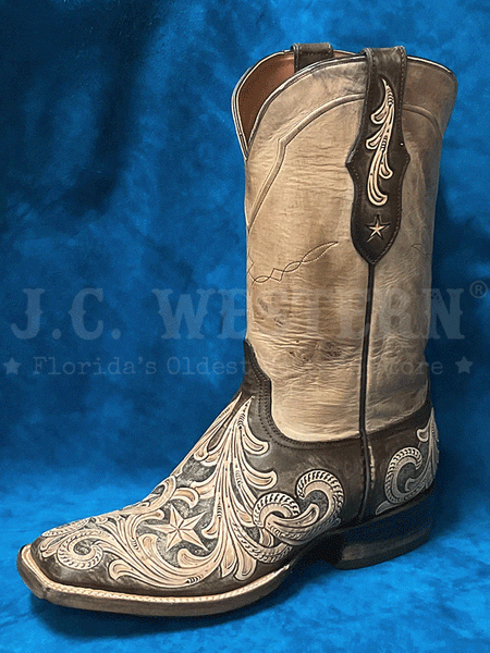 Black Jack HT-264-96 Mens Handtooled Stars Square Toe Boot Vintaged Chocolate Natural front and side view. If you need any assistance with this item or the purchase of this item please call us at five six one seven four eight eight eight zero one Monday through Saturday 10:00a.m EST to 8:00 p.m EST