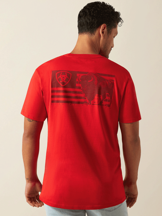 Ariat 10058939 Mens Etched Buffalo LOTF Flag T-Shirt Red back view. If you need any assistance with this item or the purchase of this item please call us at five six one seven four eight eight eight zero one Monday through Saturday 10:00a.m EST to 8:00 p.m EST