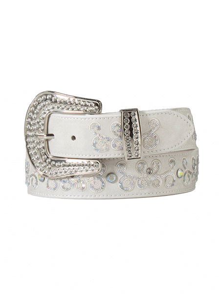Angel Ranch D140006405 Womens Scrolling AB Sequins Belt White front and back view. If you need any assistance with this item or the purchase of this item please call us at five six one seven four eight eight eight zero one Monday through Saturday 10:00a.m EST to 8:00 p.m EST