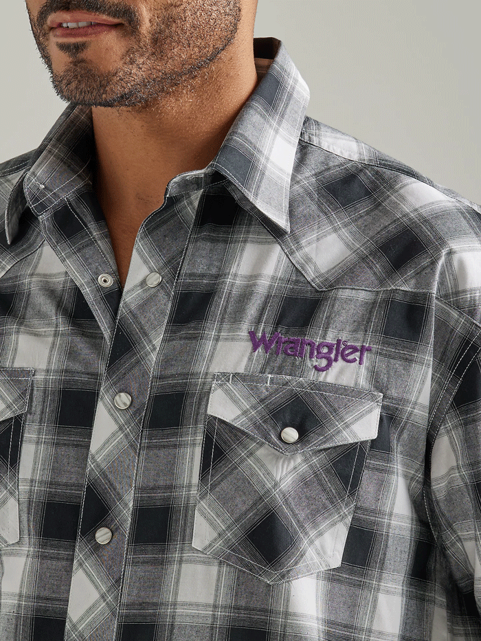 Wrangler 112327777 Mens Logo Long Sleeve Snap Plaid Shirt Black White Buffalo front view. If you need any assistance with this item or the purchase of this item please call us at five six one seven four eight eight eight zero one Monday through Saturday 10:00a.m EST to 8:00 p.m EST