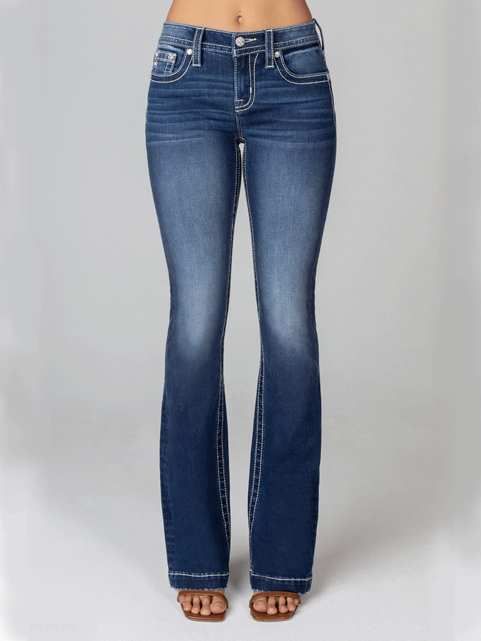 Miss Me M9191B Womens Mid-Rise Boot Jean Dark Blue back view. If you need any assistance with this item or the purchase of this item please call us at five six one seven four eight eight eight zero one Monday through Saturday 10:00a.m EST to 8:00 p.m EST