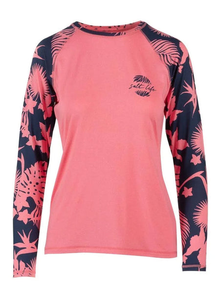 Salt Life SLJ6052 Womens Escapism Long Sleeve Performance Tee Coral Heather front view. If you need any assistance with this item or the purchase of this item please call us at five six one seven four eight eight eight zero one Monday through Saturday 10:00a.m EST to 8:00 p.m EST