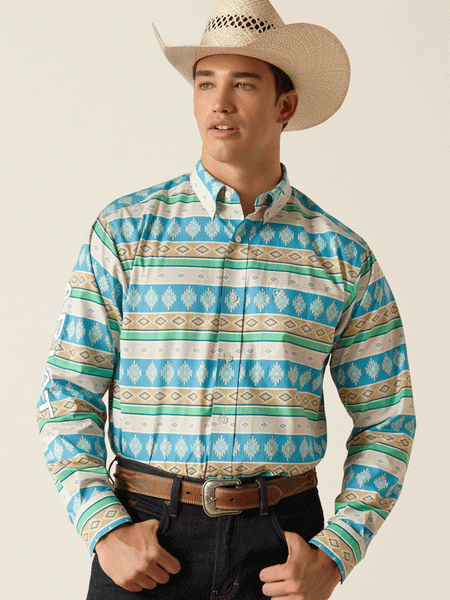 Ariat 10051523 Mens Team Christian Classic Fit Shirt Moroccan Blue front view. If you need any assistance with this item or the purchase of this item please call us at five six one seven four eight eight eight zero one Monday through Saturday 10:00a.m EST to 8:00 p.m EST