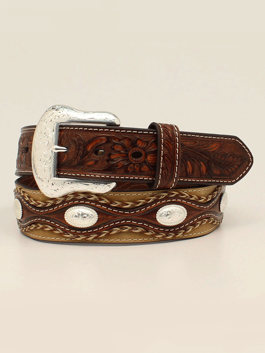 Nocona N210005008 Mens Embossed Tabs Oval Conchos Belt Tan front view. If you need any assistance with this item or the purchase of this item please call us at five six one seven four eight eight eight zero one Monday through Saturday 10:00a.m EST to 8:00 p.m EST