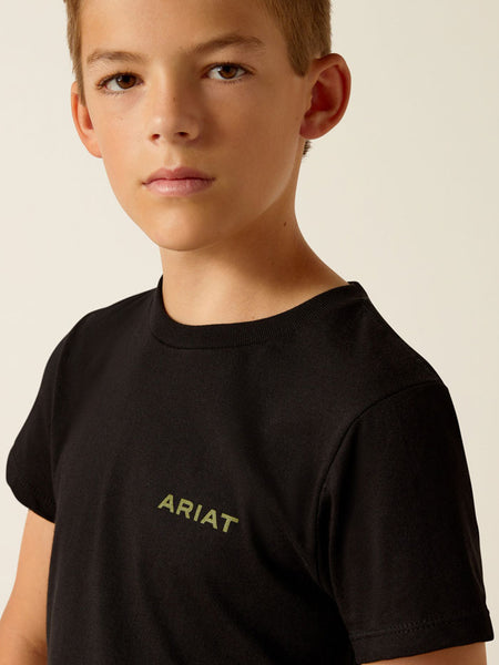 Ariat 10051743 Kids Camo Corps T-Shirt Black front close up. If you need any assistance with this item or the purchase of this item please call us at five six one seven four eight eight eight zero one Monday through Saturday 10:00a.m EST to 8:00 p.m EST