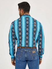 Wrangler 112365886 Mens Checotah Long Sleeve Classic Fit Western Shirt Sea Salt Blue back view. If you need any assistance with this item or the purchase of this item please call us at five six one seven four eight eight eight zero one Monday through Saturday 10:00a.m EST to 8:00 p.m EST