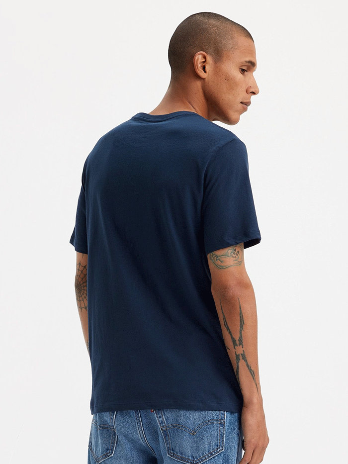 Levis 224950042 Mens Two-Horse Pull Graphic Tee Shirt Navy Blue front view. If you need any assistance with this item or the purchase of this item please call us at five six one seven four eight eight eight zero one Monday through Saturday 10:00a.m EST to 8:00 p.m EST
