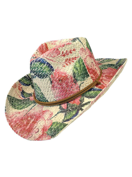 Rockmount 2131 Womens Floral Print Western Cowgirl Straw Hat Pink And Green side / front view. If you need any assistance with this item or the purchase of this item please call us at five six one seven four eight eight eight zero one Monday through Saturday 10:00a.m EST to 8:00 p.m EST