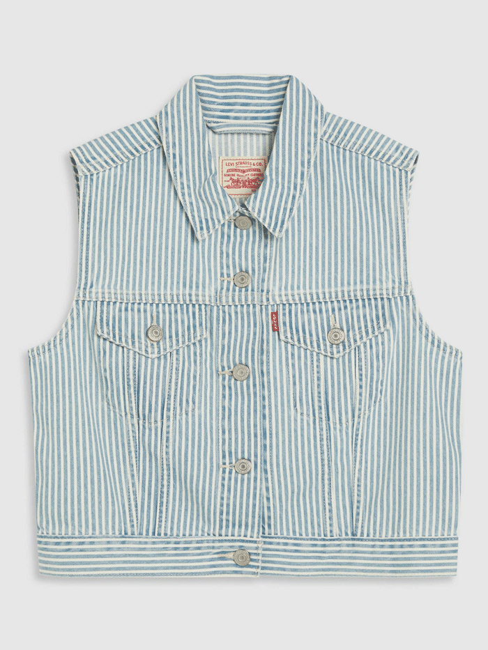Levi's A74370007 Womens Handy Woman Trucker XS Vest Light Wash front view on model. If you need any assistance with this item or the purchase of this item please call us at five six one seven four eight eight eight zero one Monday through Saturday 10:00a.m EST to 8:00 p.m EST