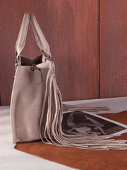 Trinity Ranch TR146-8120KH Womens Hair On Cowhide Tote Crossbody Bag Khaki Tan side view. If you need any assistance with this item or the purchase of this item please call us at five six one seven four eight eight eight zero one Monday through Saturday 10:00a.m EST to 8:00 p.m EST

