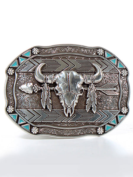 Nocona 37007 Mens Rectangle Arrow Skull Feather Buckle Silver front view. If you need any assistance with this item or the purchase of this item please call us at five six one seven four eight eight eight zero one Monday through Saturday 10:00a.m EST to 8:00 p.m EST