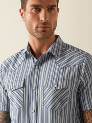 Ariat 10054700 Mens Hyder Retro Fit Short Sleeve Shirt Blue front close up. If you need any assistance with this item or the purchase of this item please call us at five six one seven four eight eight eight zero one Monday through Saturday 10:00a.m EST to 8:00 p.m EST