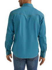 Wrangler 112344555 Mens Retro Long Sleeve Shirt Turquoise back view. If you need any assistance with this item or the purchase of this item please call us at five six one seven four eight eight eight zero one Monday through Saturday 10:00a.m EST to 8:00 p.m EST
