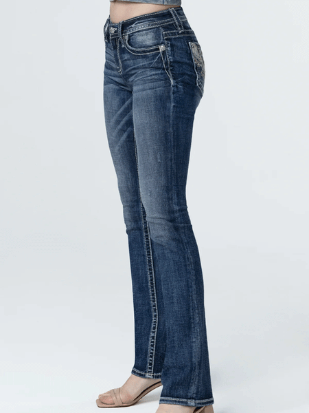 Miss Me M9262SB Womens Spring Bloom Slim Bootcut Jeans Dark Wash side view. If you need any assistance with this item or the purchase of this item please call us at five six one seven four eight eight eight zero one Monday through Saturday 10:00a.m EST to 8:00 p.m EST