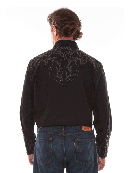 Scully P-912-BLK Mens Longhorn Embroidered Western Shirt Black back view. If you need any assistance with this item or the purchase of this item please call us at five six one seven four eight eight eight zero one Monday through Saturday 10:00a.m EST to 8:00 p.m EST