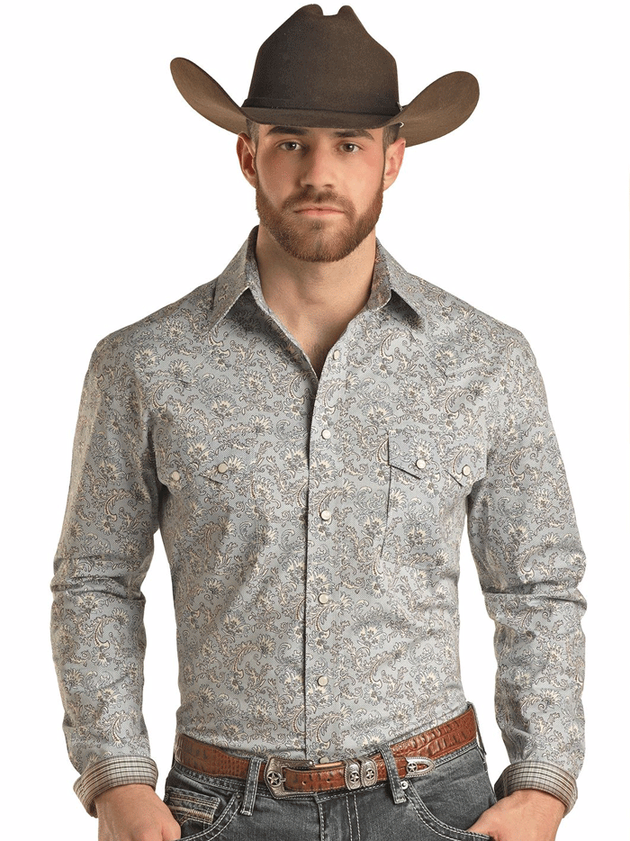 Panhandle RMN2S02814 Mens Long Sleeve Snap Western Shirt Brown And Light Blue front view on model. If you need any assistance with this item or the purchase of this item please call us at five six one seven four eight eight eight zero one Monday through Saturday 10:00a.m EST to 8:00 p.m EST