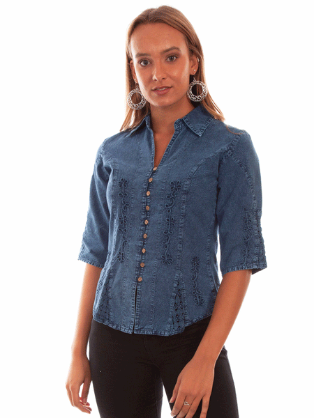 Scully PSL-064-DBL Womens 3/4 Sleeve Western Blouse Dark Blue front view. If you need any assistance with this item or the purchase of this item please call us at five six one seven four eight eight eight zero one Monday through Saturday 10:00a.m EST to 8:00 p.m EST