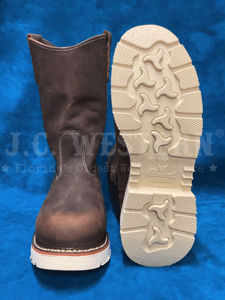 Thorogood 804-4372 Mens Pull On Safety Toe Wellington Boot Crazyhorse Brown front and sole view. If you need any assistance with this item or the purchase of this item please call us at five six one seven four eight eight eight zero one Monday through Saturday 10:00a.m EST to 8:00 p.m EST